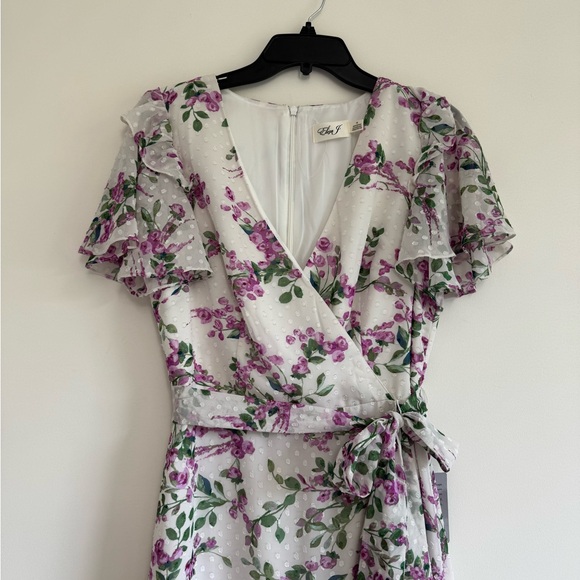 Eliza J Lilac White Floral Wrap Ruffled Tie Front Midi Dress - Picture 2 of 15